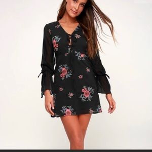 Embroidered Long Sleeve Black Dress - (Fit S-M)